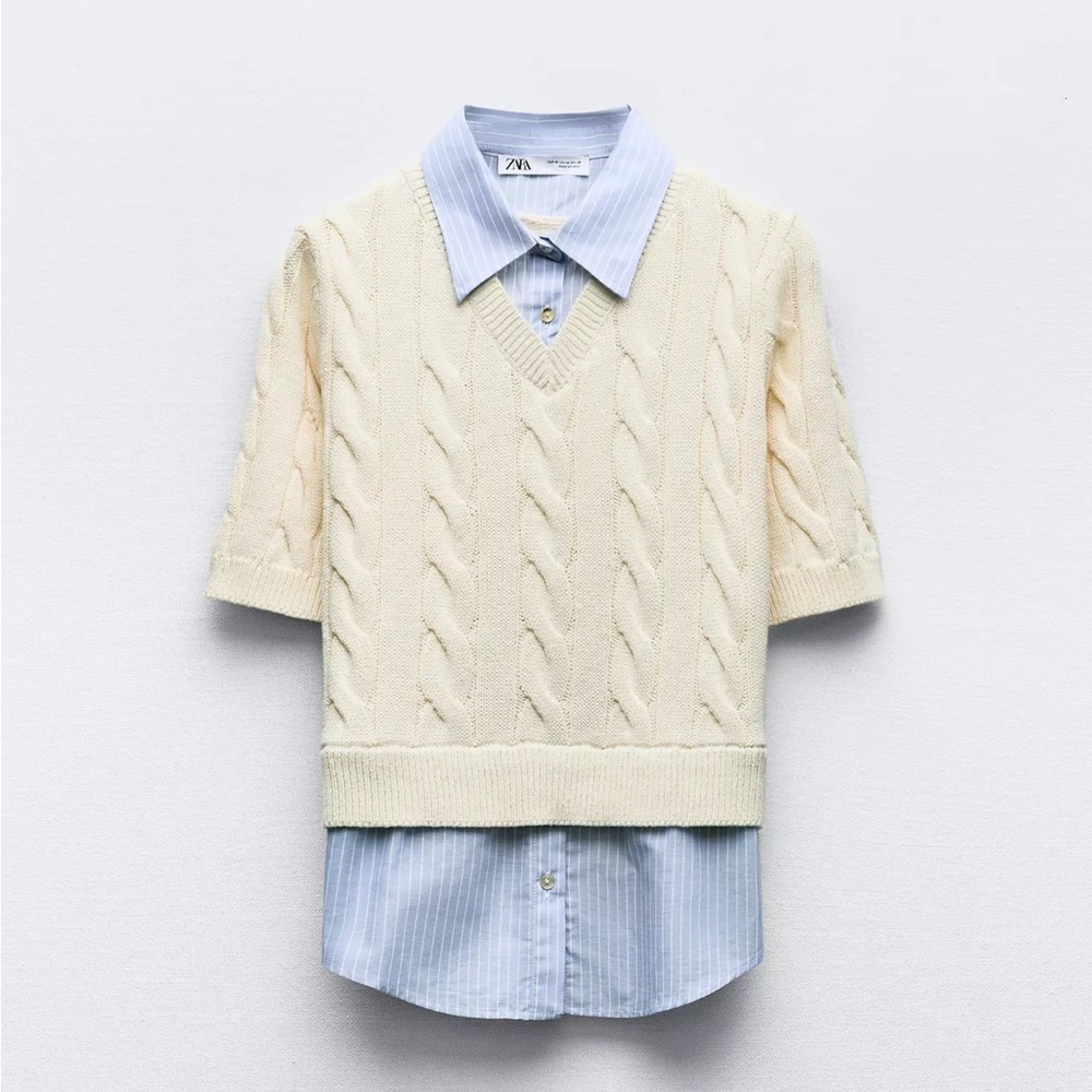 Zara Cream Cable-Knit Short Sleeve V-Neck Sweater